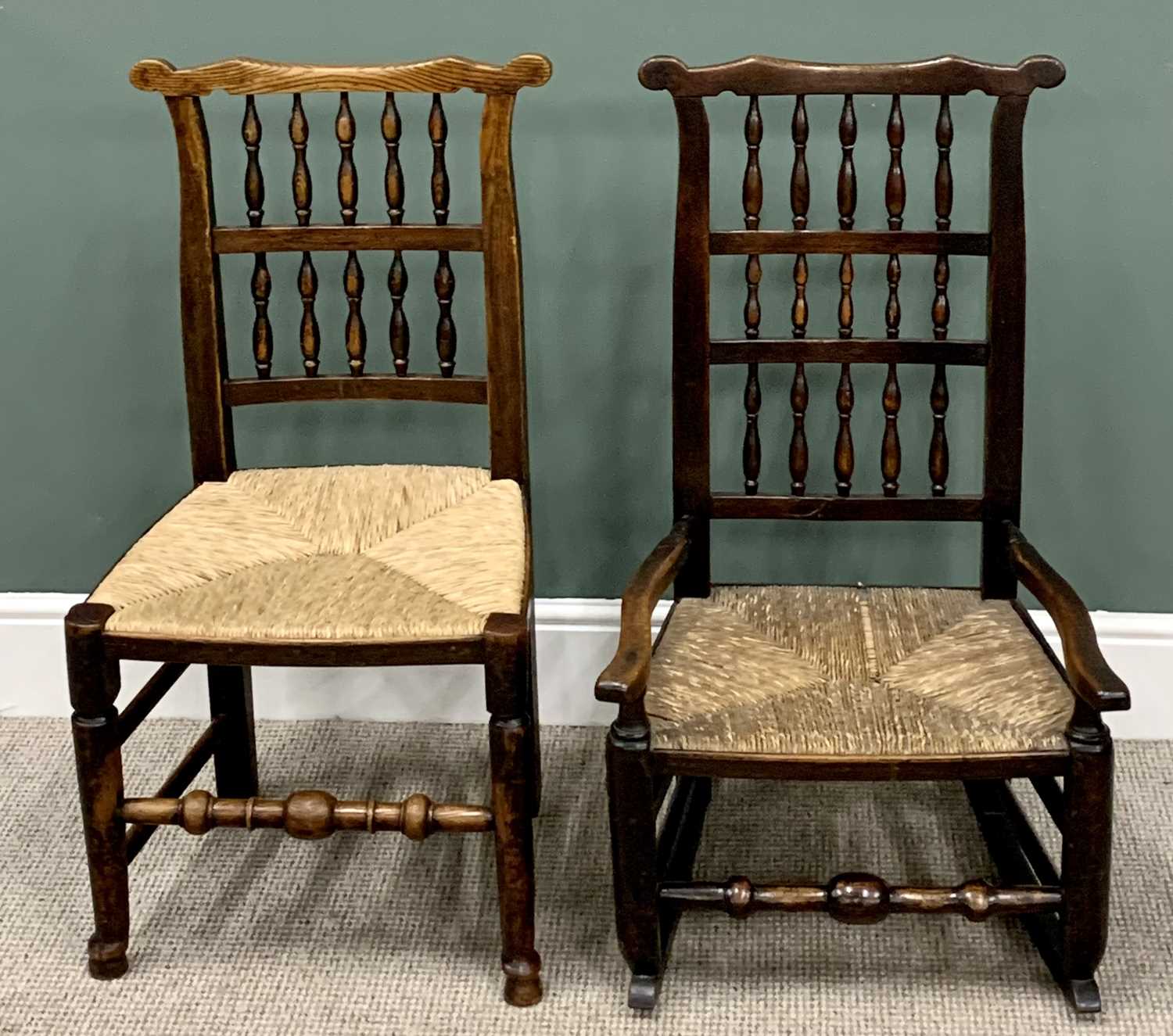 VINTAGE CHAIR ASSORTMENT (8) - elm and rush seated spindleback examples, 112cms H, 60cms W, 45cms - Image 4 of 4