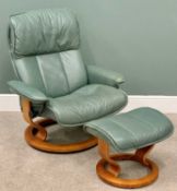 EKORNES, NORWAY STRESSLESS SWIVEL RECLINING ARMCHAIR & MATCHING FOOTSTOOL - in green leather, 100cms