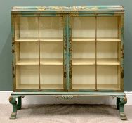 DISPLAY CABINET - quality green chinoiserie decorated, having raised lacquerwork and gilt painted