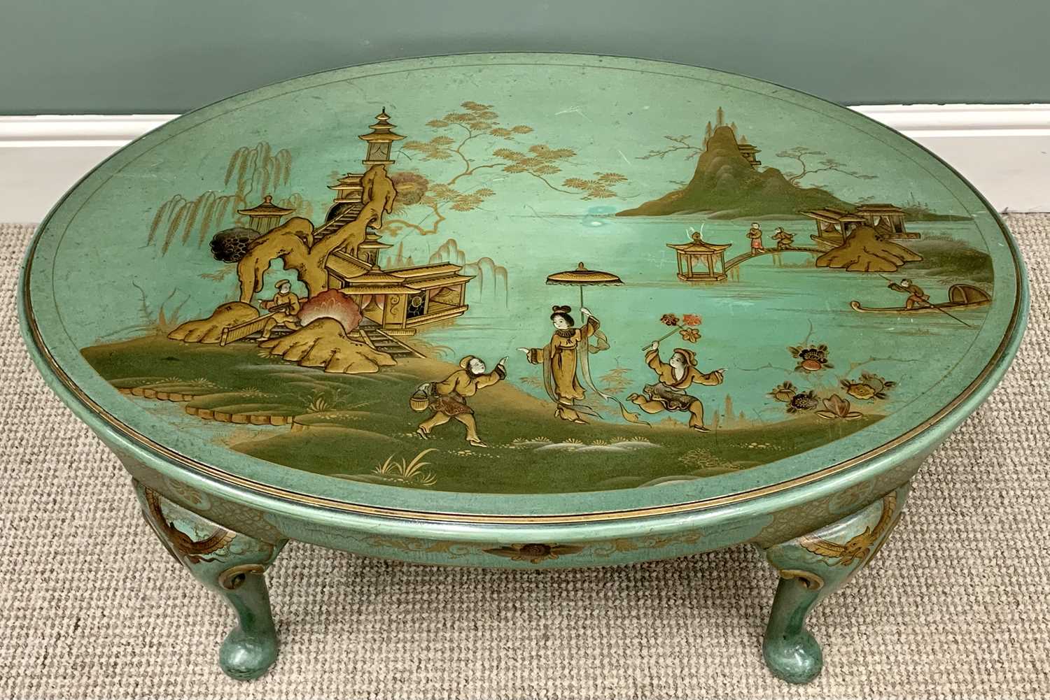 COFFEE TABLE - quality green chinoiserie decorated, oval topped with highly decorative lacquerwork