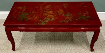 EASTERN LONG JOHN COFFEE TABLE - 20th Century, lacquered and painted with exotic fish and foliage,