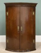 ANTIQUE MAHOGANY BOW FRONTED CORNER CUPBOARD - a fine example with shelved interior, 99cms H,