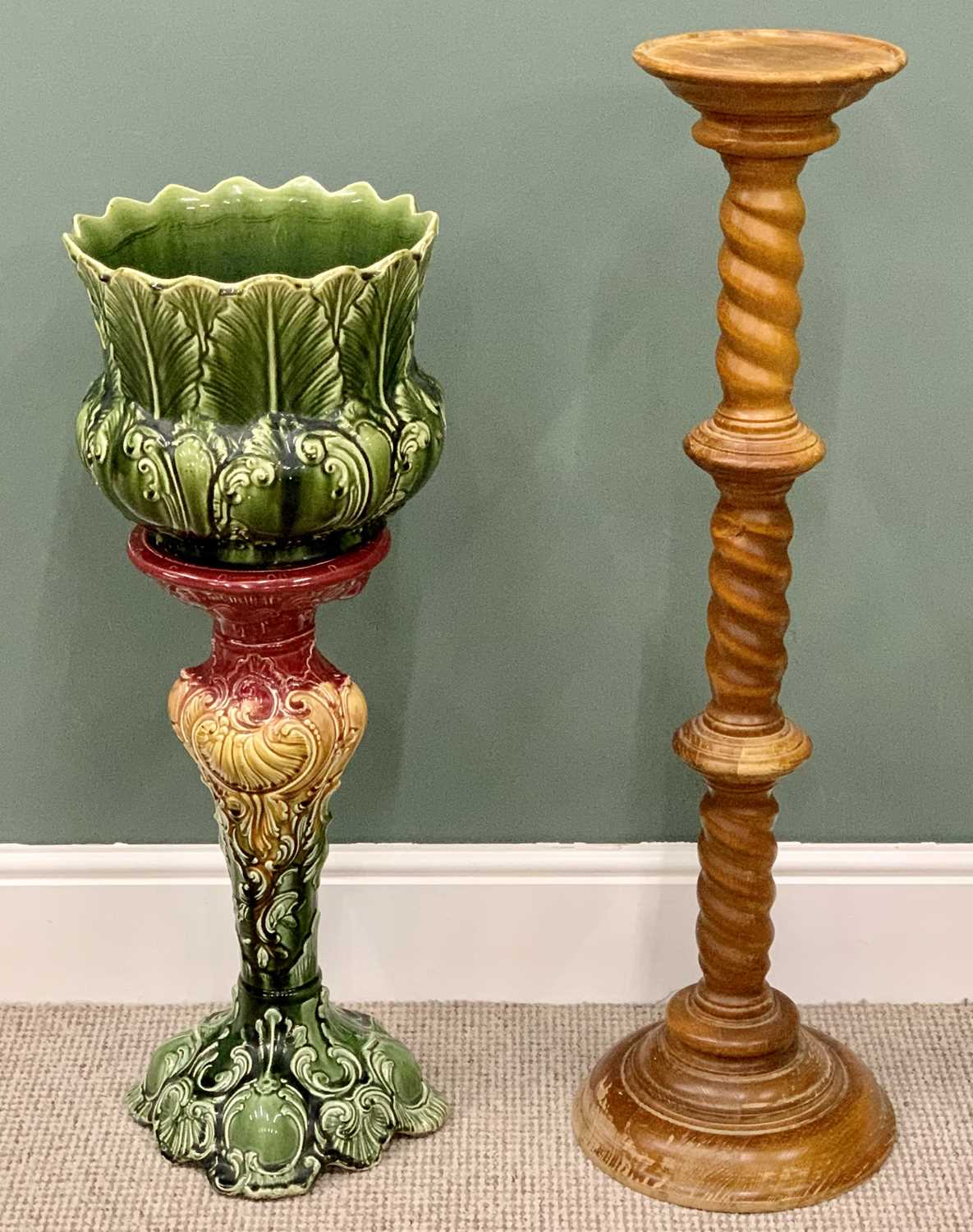 MAJOLICA POTTERY JARDINIERE & STAND - 84cms H and a pine twist column TORCHERE - 98cms H, 22cms