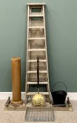 VINTAGE ASSORTMENT (6) - to include old stepladder, fire bucket and fender, basket, clay pipe and