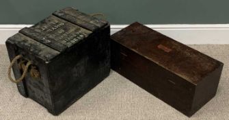 VINTAGE PINE AMMUNITION TYPE BOX - having rope handles, 43cms H, 53cms W, 34cms D and another