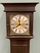 REPRODUCTION MAHOGANY LONGCASE CLOCK - slim example with brass and silvered dial having Roman