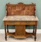 EDWARDIAN MAHOGANY WASHSTAND - having a tiled back and marble top with two frieze drawers over a