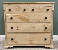 VICTORIAN STRIPPED PINE CHEST - having two short over three long drawers with turned ebony knobs and