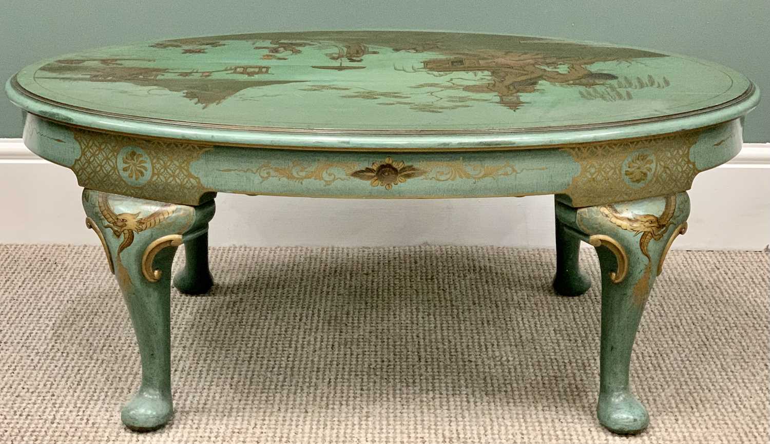 COFFEE TABLE - quality green chinoiserie decorated, oval topped with highly decorative lacquerwork - Image 2 of 2