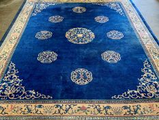 EASTERN WOOLLEN RUG - cobalt blue ground with floral and Greek pattern border and multiple floral