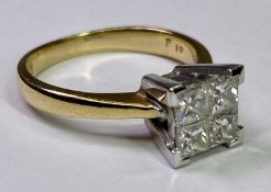 18CT YELLOW GOLD & POSSIBLY PLATINUM SQUARE CUT FOUR STONE DIAMOND RING - approx 1ct total in a