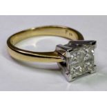 18CT YELLOW GOLD & POSSIBLY PLATINUM SQUARE CUT FOUR STONE DIAMOND RING - approx 1ct total in a