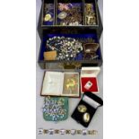 VICTORIAN ROSEWOOD JEWELLERY BOX & CONTENTS - a Norne Norwegian sterling silver and enamel