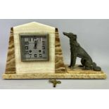 ART DECO BROWN MARBLE MANTEL CLOCK - the square silvered dial with Arabic numerals, 'Horolgerie de