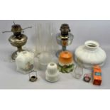 VINTAGE CHROME OIL LAMPS (2), a moulded opaque white glass oil light shade, 25.5cms diameter, two