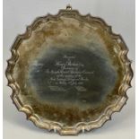 CIRCULAR SILVER PRESENTATION SALVER - Sheffield 1935, Maker Reid & Sons having a shaped raised