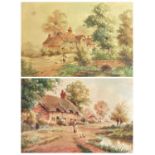 E RICHARDS watercolours, a pair - bonneted ladies feeding hens and ducks with buildings to the