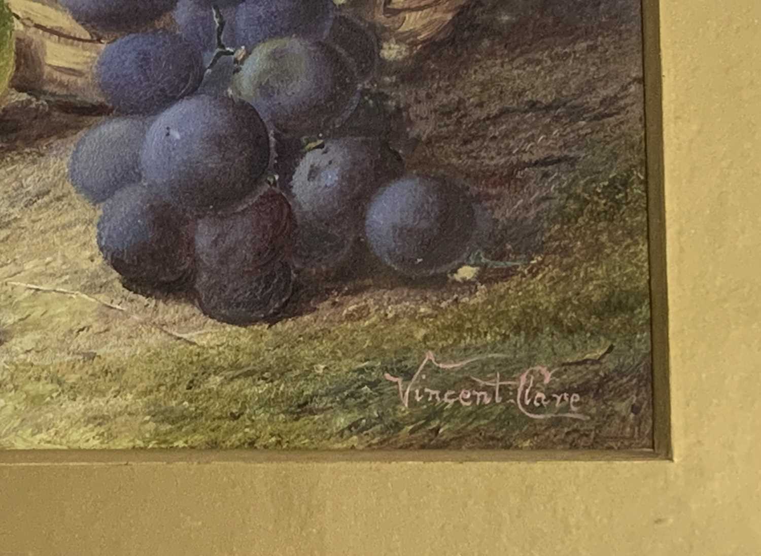 VINCENT CLARE watercolour - Still Life fruit, peaches, grapes and apples by a mossy bank, signed, 28 - Image 2 of 3