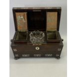 VICTORIAN ROSEWOOD SARCOPHAGUS FORM DOUBLE TEA CADDY - with mother of pearl inlay, interior fitted
