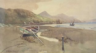 J W CLAYTON watercolour - Anglesey Coastal scene with mountains to the background, signed, 23 x