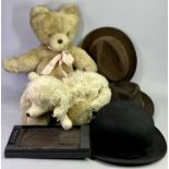 VINTAGE OZONIC LIGHT WEIGHT BOWLER HAT, Size 7 3/8, two vintage felt trilbies, vintage Teddy bear