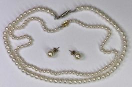 CULTURED PEARL SINGLE STRAND NECKLACES (2) and a Ciro pair of simulated pearl earrings, one necklace