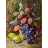 VINCENT CLARE watercolour - Still Life fruit, peaches, grapes and apples by a mossy bank, signed, 28