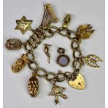 9CT GOLD CHARM BRACELET - with padlock clasp holding 9 quality charms in 10ct x 1, 14ct x 4 and 18ct