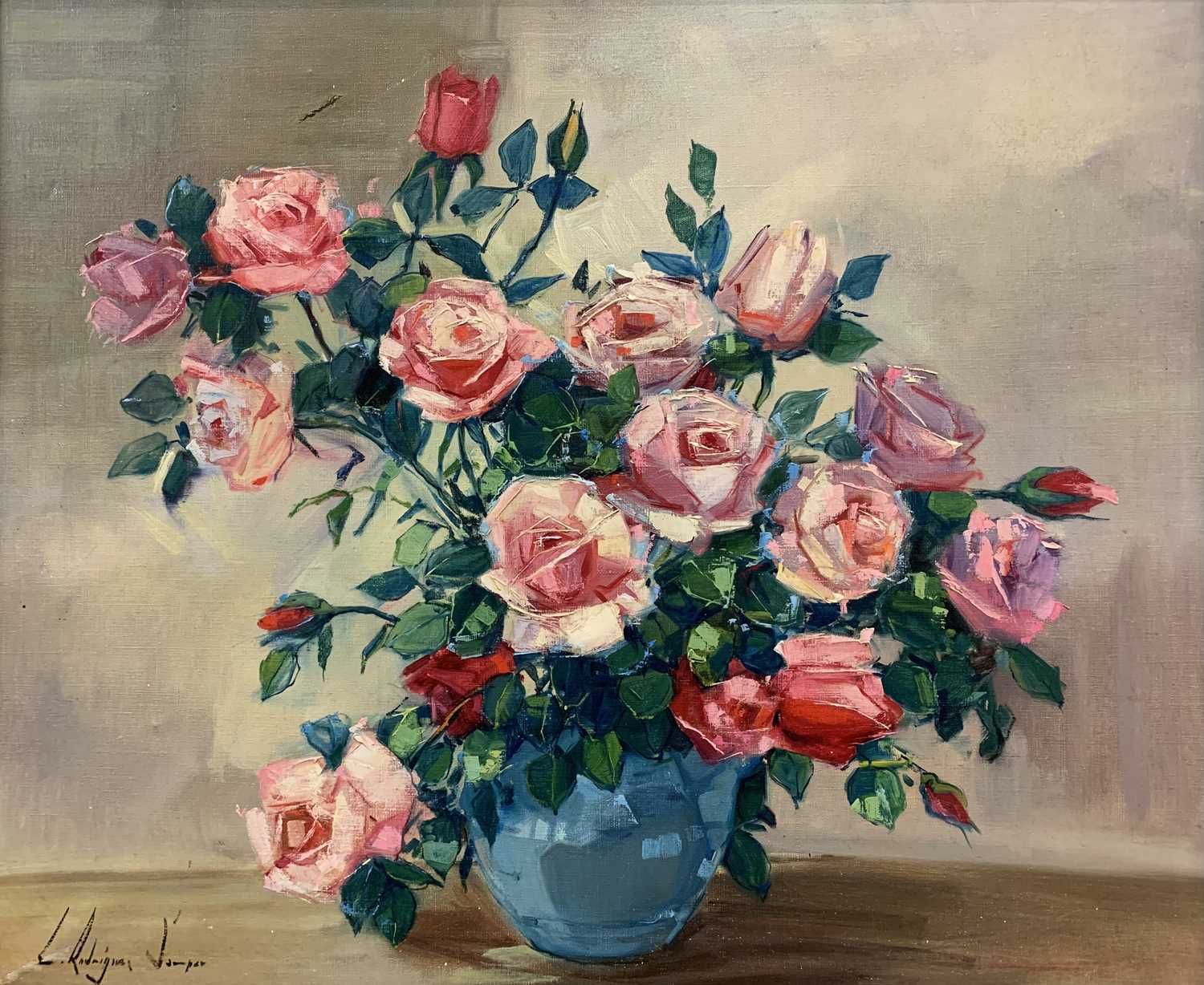 EDUARDO RODRIQUEZ SAMPER oil on canvas - Still Life of Roses, signed lower left, 49.5 x 59cms and - Image 3 of 5