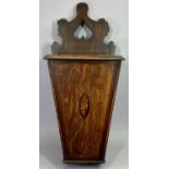 19TH CENTURY OAK CANDLE BOX - crossbanded with mahogany and oval inlaid shell motif to centre,