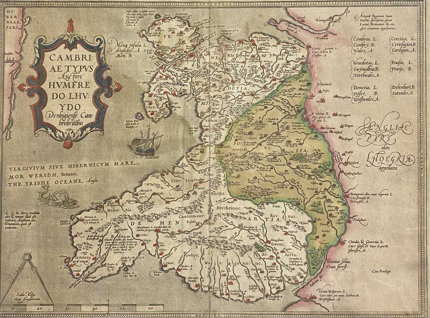 ANTIQUARIAN MAP - Wales, HUMPHREY LLOYD (LHUYD) 'Cambriae Typvs', coloured and tinted to a margin of