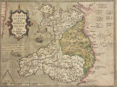ANTIQUARIAN MAP - Wales, HUMPHREY LLOYD (LHUYD) 'Cambriae Typvs', coloured and tinted to a margin of