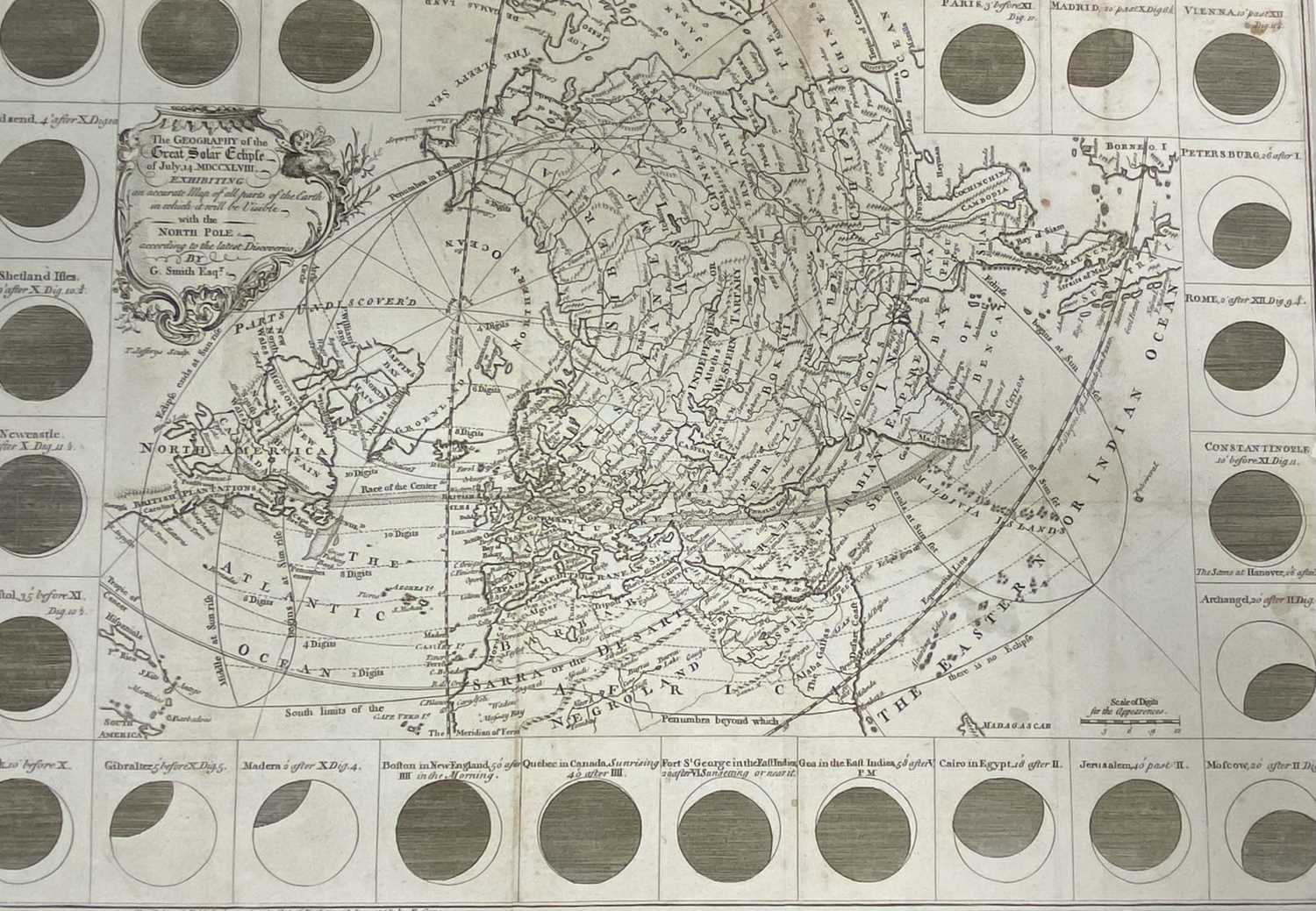 THE GEOGRAPHICAL DEPICTION OF 'THE GREAT SOLAR ECLIPSE OF JULY 14TH 1748' - by G Smith, 30 x 44cms - Image 2 of 3