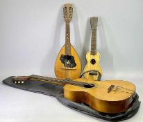 A CZECHOSLOVAKIAN INLAID 8 STRING MANDOLIN, 62cms L, a Parrot Chinese four string ukulele, 51cms