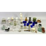 MIXED GLASSWARE - to include inkwells, blue glass condiment liners, miniature flasks, decanter