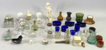 MIXED GLASSWARE - to include inkwells, blue glass condiment liners, miniature flasks, decanter