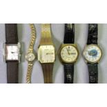 LADY'S 9CT GOLD BRACELET WRISTWATCH and four other lady's and gent's quartz wristwatches, the 9ct