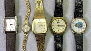 LADY'S 9CT GOLD BRACELET WRISTWATCH and four other lady's and gent's quartz wristwatches, the 9ct