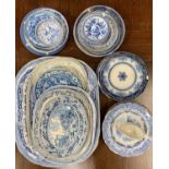 BLUE & WHITE TRANSFER DECORATED TABLEWARE COLLECTION - 19th Century, large Willow pattern indented