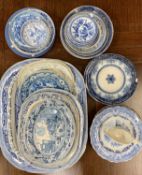 BLUE & WHITE TRANSFER DECORATED TABLEWARE COLLECTION - 19th Century, large Willow pattern indented