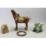 CHINESE CLOISONNE FIGURE OF A NAYING HORSE - brown with green saddle and with gilded mouth,