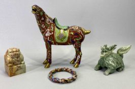 CHINESE CLOISONNE FIGURE OF A NAYING HORSE - brown with green saddle and with gilded mouth,