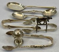 SILVER SPOONS, SUGAR TONGS & OTHER TABLEWARE ITEMS GROUP to include three various spoons, London,