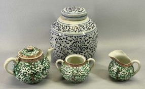 CHINESE PORCELAIN 3 PIECE TEA SERVICE - all over decoration of trees and branches in greens and