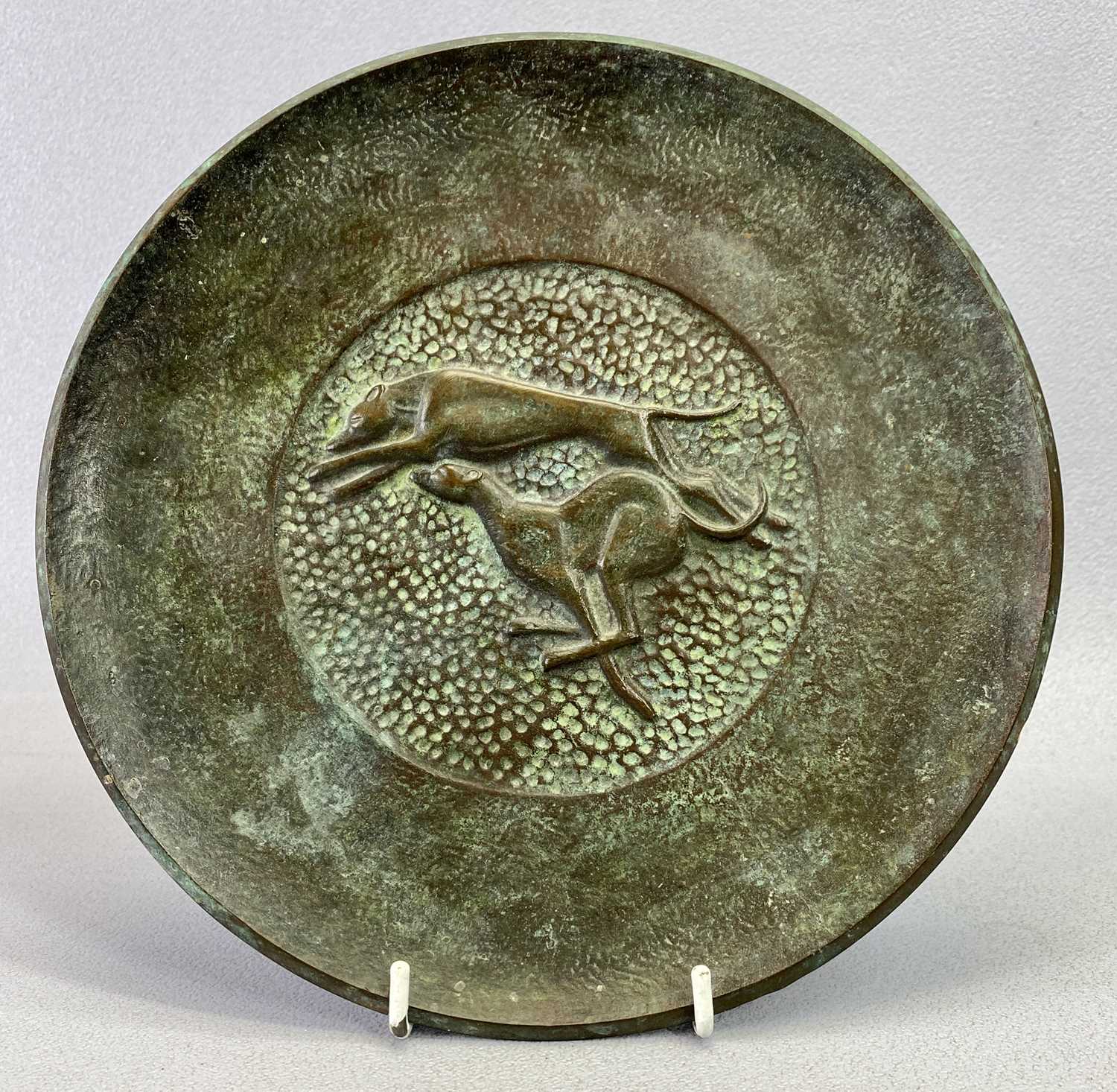 TINOS ART DECO DANISH BRONZE CIRCULAR DISH - cast with racing greyhounds marked 'Tinos Bronce,