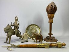 BRONZED METALWARE MODEL OF THE HINDU GODDESS 'KALI' RIDING A LION, 26.5cms H, wood and brass Ankush,