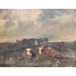 18TH CENTURY Oil painting on board - group of six cattle, indistinctly signed lower left, 52 x