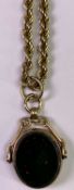 VINTAGE 9CT GOLD HARDSTONE SWIVEL FOB - on a 9ct yellow gold multi-link rope twist necklace, 32 x