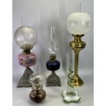 OIL LAMPS (4) - Victorian with floral decorated pink glass font on pierced cast iron base with