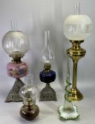 OIL LAMPS (4) - Victorian with floral decorated pink glass font on pierced cast iron base with